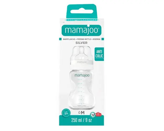 Biberon 250 ml &amp; Tetina Anti-Colici nr.2 /M - Mamajoo Silver, 1 buc