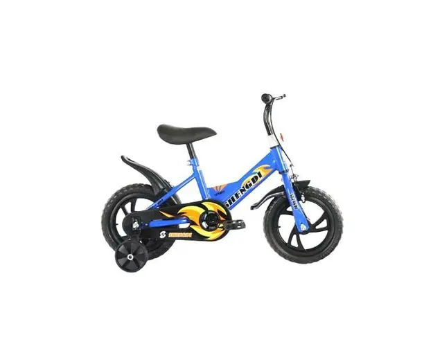 Bicicleta cu roti ajutatoare pentru copii intre 2 si 6 ani, Albastra, Pedale si frane, ghidon si sezut reglabil, Roti EVA de 12 inch