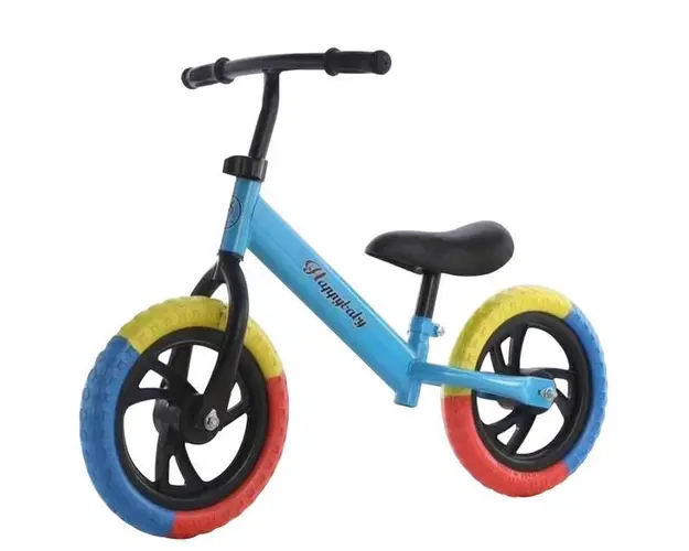 Bicicleta de echilibru fara pedale, Bicicleta incepatori pentru copii intre 2 si 5 ani, Albastra cu roti in 3 culori