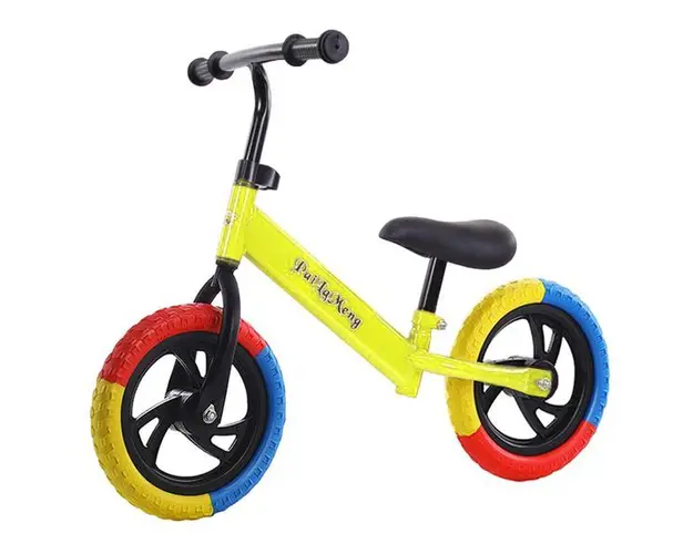 Bicicleta de echilibru fara pedale, Bicicleta incepatori pentru copii intre 2 si 5 ani, Galbena cu roti in 3 culori