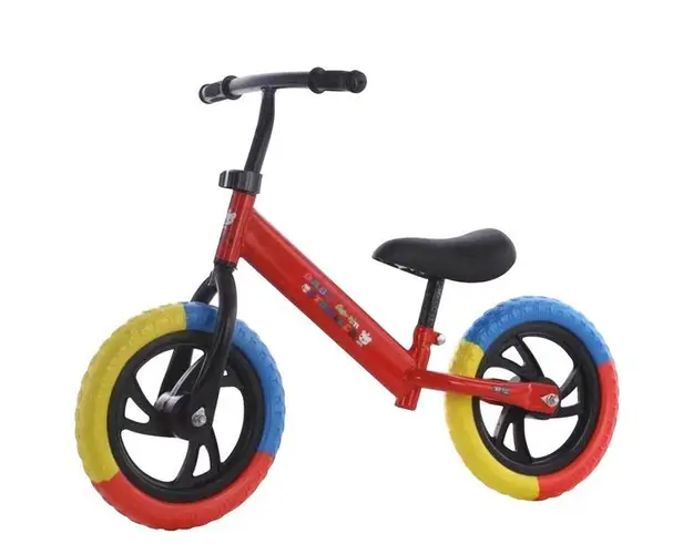 Bicicleta de echilibru fara pedale, Bicicleta incepatori pentru copii intre 2 si 5 ani, Rosie cu roti in 3 culori