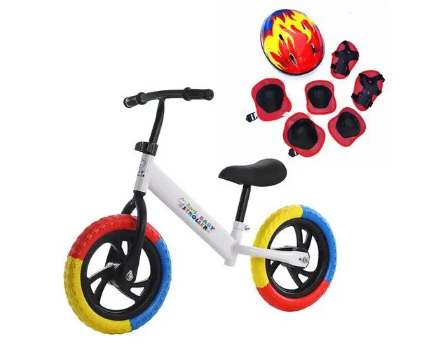 Bicicleta de echilibru pentru incepatori, Fara pedale, Pentru copii intre 2 si 5 ani, Alba, Echipament protectie