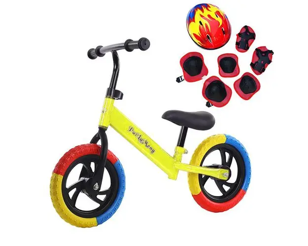Bicicleta de echilibru pentru incepatori, Fara pedale, Pentru copii intre 2 si 5 ani, Galbena, Echipament protectie