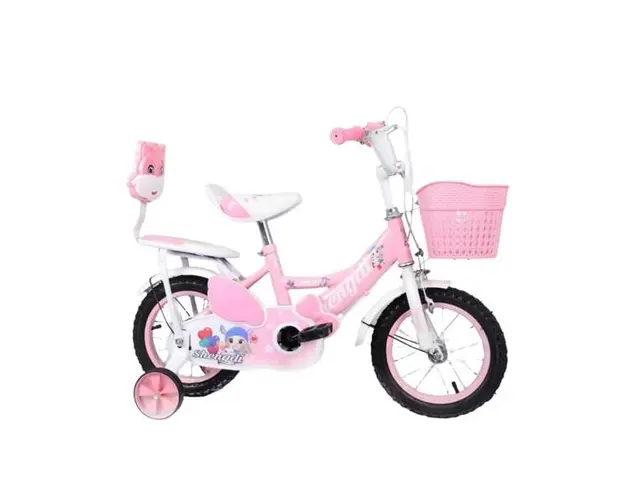 Bicicleta pentru copii intre 3 ani si 6 ani, Roz, Doua locuri si roti ajutatoare, Pedale si roti din cauciuc de 12 inch, Frane fata-spate, Cos depozitare, Ghidon si sezut reglabil