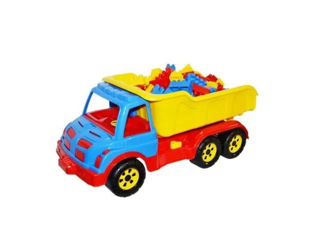 Camion de plasic cu bena basculanta, cu 80 cuburi pentru constructii, 60x27x25.5 cm, multicolor