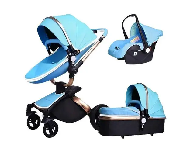 Carucior Luxury 3 in 1 scoica, culcus slim nou-nascuti, landou, cu accesorii incluse, 2 saltele, husa incalzire picioare, plasa impotriva insectelor-ALBASTRU