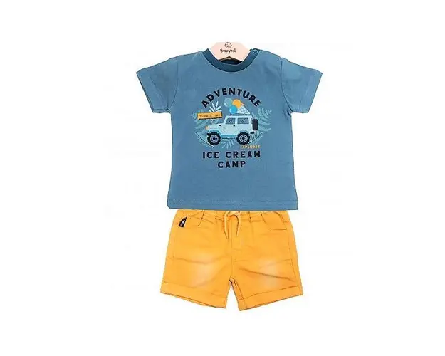 Compleu baieti Adventure, tricou si pantaloni scurti denim, 12 luni