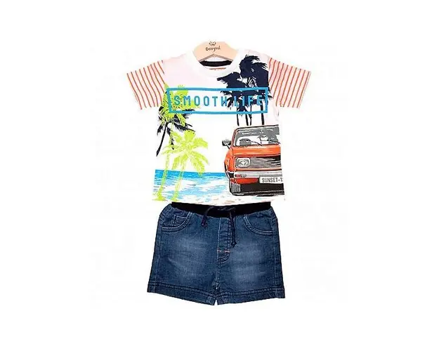 Compleu baieti Beach Sunset, tricou si pantaloni scurti denim, 12 luni