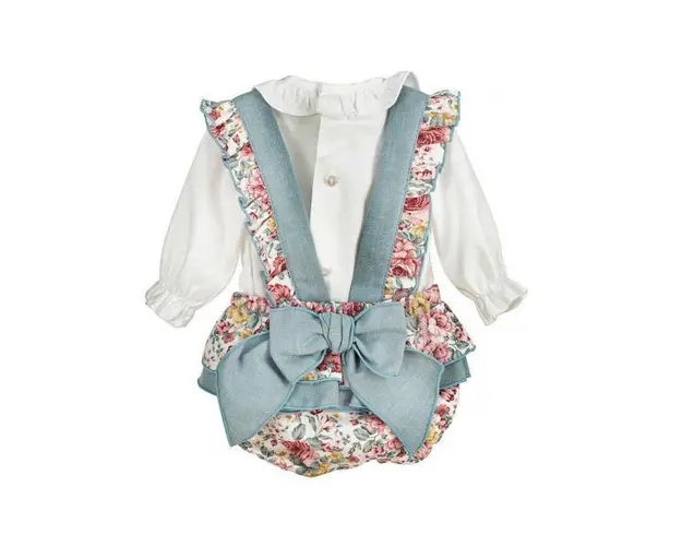 Compleu Gabrielle, bluza alba cu maneca lunga si rochita model floral incheiata cu funda