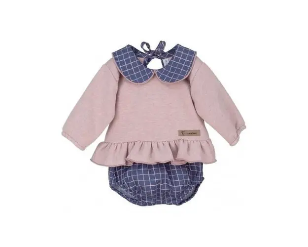 Compleu Sylvie roz pastel, bluza cu maneca lunga si pantaloni cu model cadrilat 67-76cm