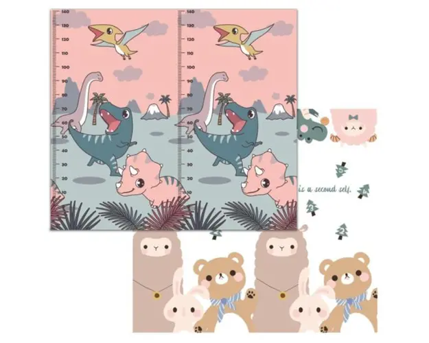 Covoras de Joaca pentru Copii Teno&reg;, 2 fete, termic, anti-derapant, pliabil, protectie impotriva loviturilor, animale si dinozauri, 200x180cm, grosime 1 cm, multicolor