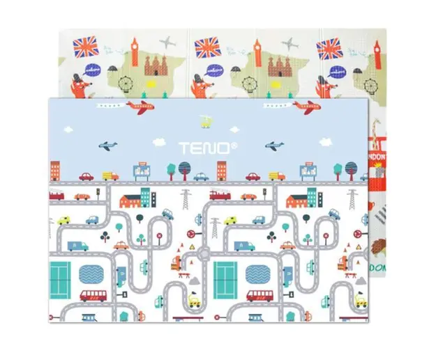 Covoras de Joaca pentru Copii Teno&reg;, 2 fete, termic, anti-derapant, pliabil, protectie impotriva loviturilor, oras si Londra, 200x180cm, grosime 1 cm, multicolor
