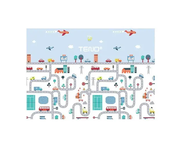 Covoras de Joaca pentru Copii Teno&reg;, 2 fete, termic, anti-derapant, pliabil, protectie impotriva loviturilor, oras si padure, 200x180cm, grosime 1 cm, multicolor