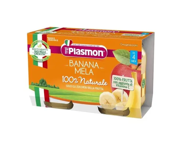 Piure Banane si Mere 100% Natural - Plasmon, 4 luni+, 2 x 104 g