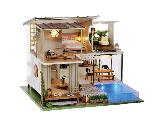 Joc interactiv, educational, macheta casuta de asamblat, miniatura, Casa cu piscina, DIY