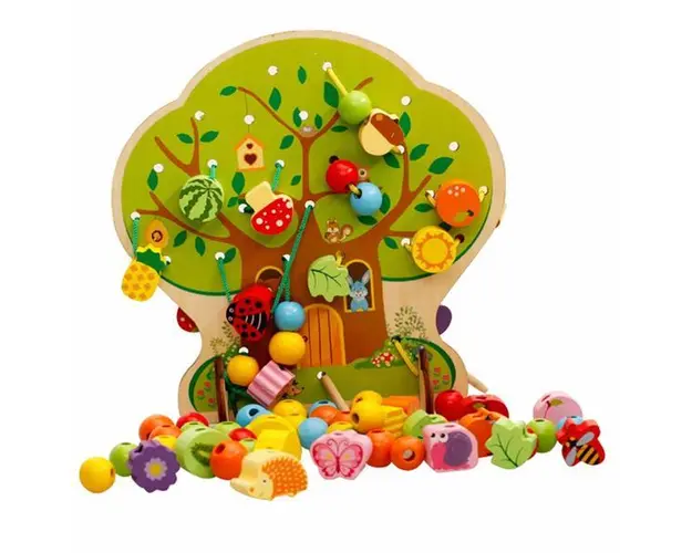 Joc Montessori 2 in 1 Pomul cu fructe, snuruit si insirat,7Toys