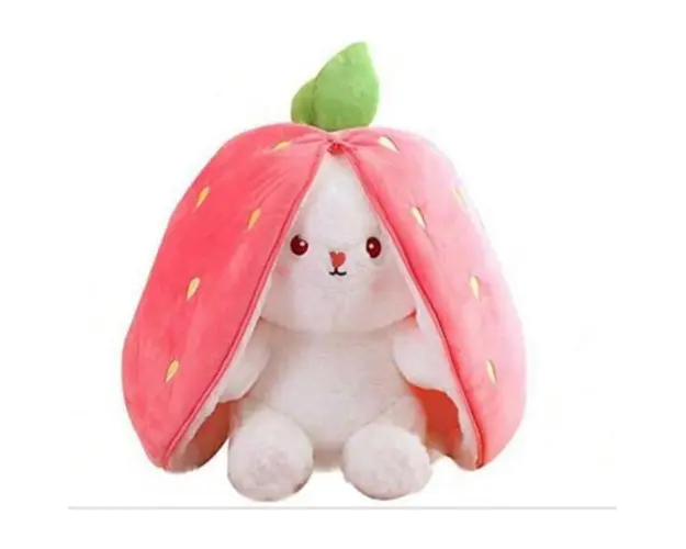 Jucarie de Plus Reversibila, Strawberry Bunny, tip perna, alb / roz, 30 cm