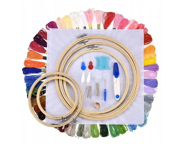 Kit profesional de broderie, 50 fire colorate, 5 cercuri bambus, 30 ace + alte accesorii, marca ssmedia