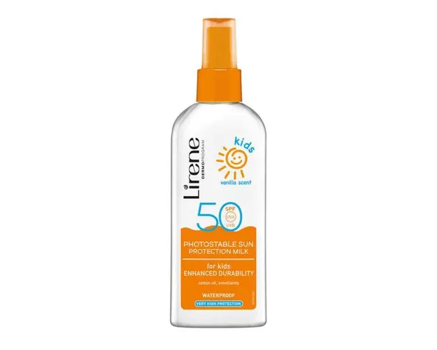 Lapte de corp Lirene fotostabil pentru copii, cu factor ridicat de protectie solara SPF 50 si parfum de vanilie, 150ml