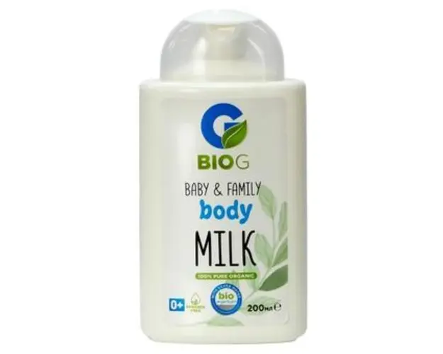 Lapte de corp organic pentru bebelusi Bio G 200 ml cu Ulei de susan, Ulei de germeni de gr&acirc;u, Ulei de migdale si Vitaminele C, A si E