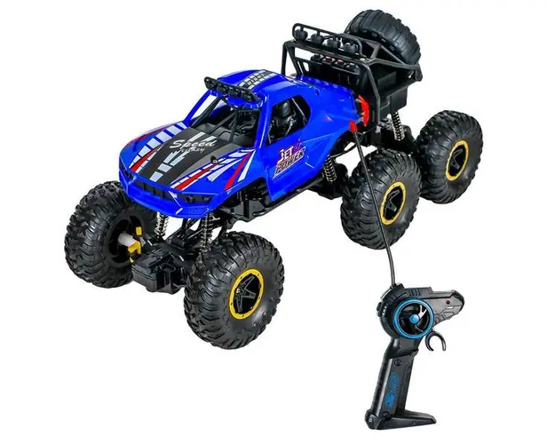 Masina de teren 6x6, telecomanda RC, 27Mhz, 1:14, Off-Road, profil inalt, jucarie pentru copii si adulti, negru/albastru