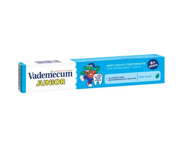 Pasta de Dinti cu Aroma de Menta pentru Copii peste 6 Ani - Vademecum Laboratoires Junior + 6 Years Anti-Cavity ToothPaste for Permanent Teeth Mint Taste, 75 ml