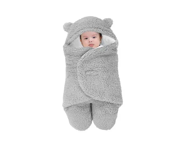 Paturica Pufoasa pentru Bebe, Teno&reg;, in forma de ursulet pentru infasat bebelusi, prindere velcro, 0-6 luni, gri deschis