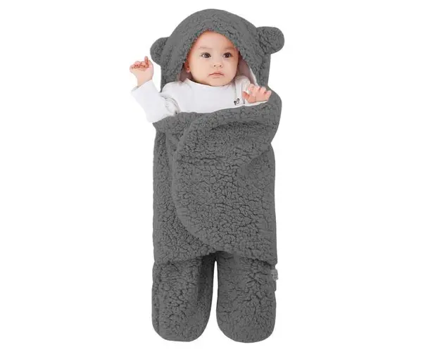 Paturica Pufoasa pentru Bebe, Teno&reg;, in forma de ursulet pentru infasat bebelusi, prindere velcro, 0-6 luni, gri inchis