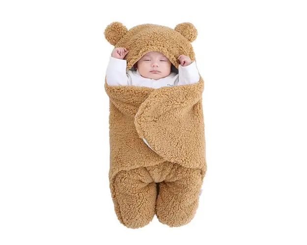 Paturica Pufoasa pentru Bebe, Teno&reg;, in forma de ursulet pentru infasat bebelusi, prindere velcro, 0-6 luni, maro