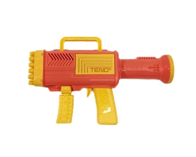 Pistol de Facut Baloane Bubble Gun Teno&reg;, tip Bazooka, automat, 34 orificii pentru bule, alimentare cu baterii, portocaliu/rosu