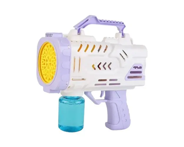 Pistol de Facut Baloane Bubble Gun Teno&reg;, tip Bazooka, automat, rezerva incluse, alimentare cu baterii, alb/mov