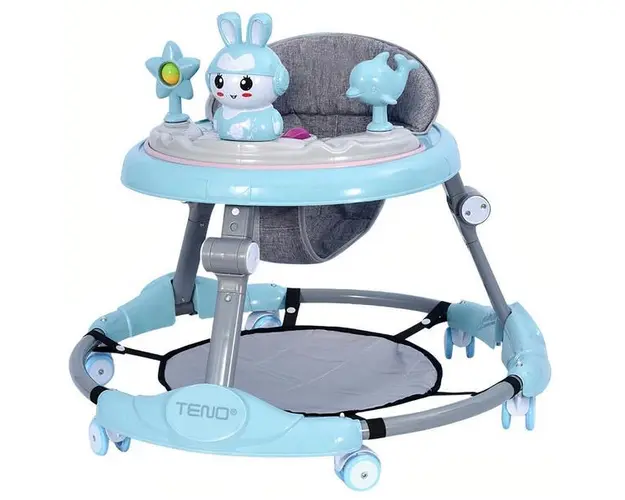 Premergator Multifunctional pentru Bebelusi Teno&reg;, tava cu 3 jucarii, muzica, reglabil, pliabil, greutate max 20kg, 6-36 luni, albastru