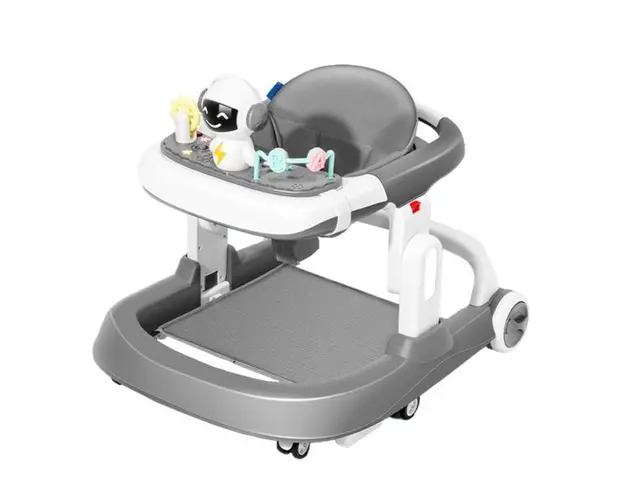 Premergator Multifunctional pentru Bebelusi Teno&reg;, tava cu 3 jucarii, muzica, reglabil, pliabil, greutate max 20kg, 6-36 luni, gri