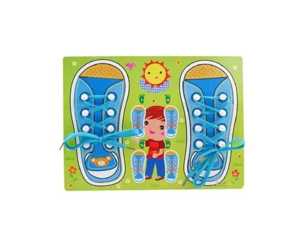 Puzzle din lemn - Invatam sa legam sireturile Albastru, 7Toys