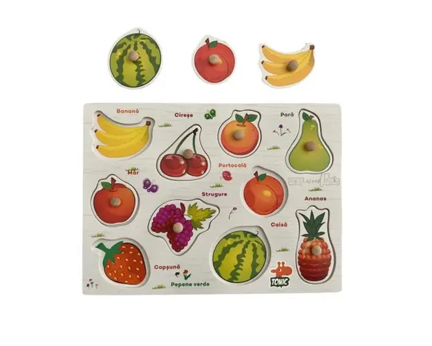 Puzzle Incastru din lemn cu Fructe in limba romana, 7Toys