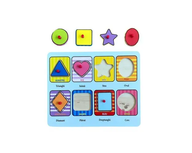 Puzzle incastru din lemn in limba romana, cu 8 piese &ndash; Forme geometrice, 7Toys