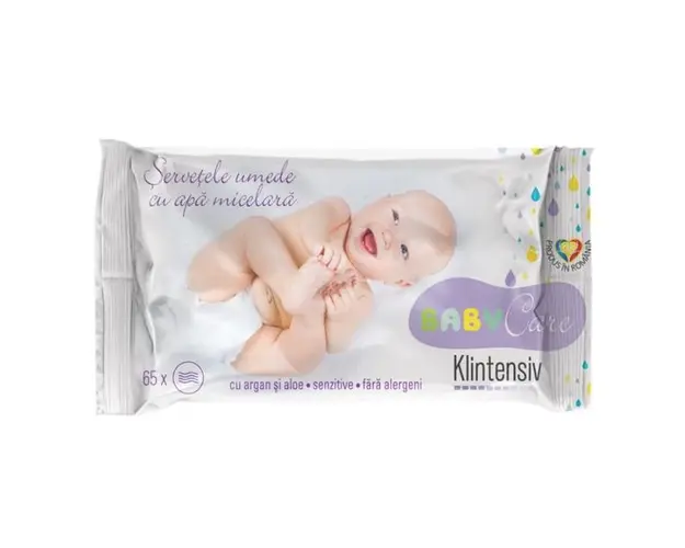 Servetele Umede cu Apa Micelara, Argan si Aloe, pentru Bebelusi - Klintensiv Baby Care, 65 buc