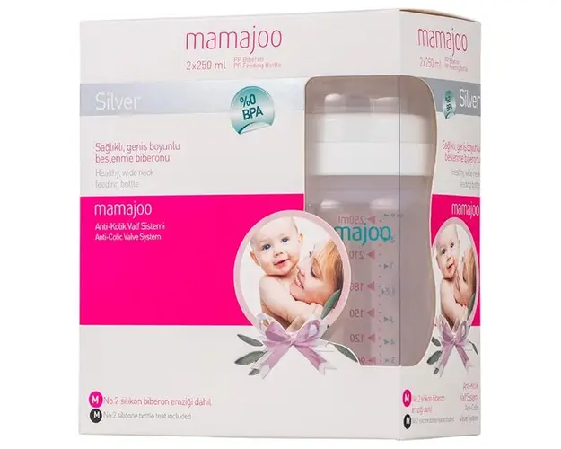 Set 2 Biberoane 150 ml &amp; Tetine Anti-Colici nr. 1/ S - Mamajoo Silver, 1 set