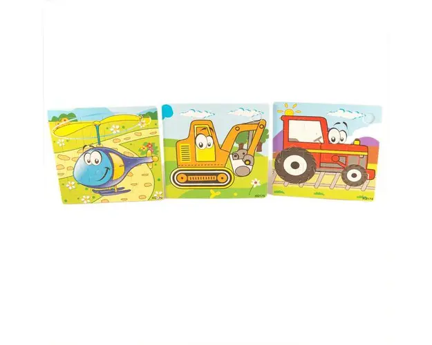 Set 3 Puzzle din lemn, vehicule viu colorate si distractive,7Toys