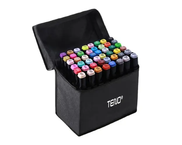 Set 48 Markere Teno&reg;, geanta de depozitare inclusa, 2 tipuri de varf, pe baza de alcool, culori intense, multicolor