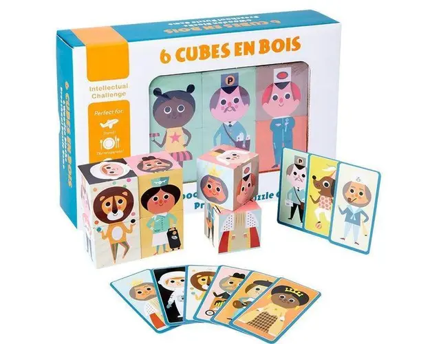 Set 6 cuburi puzzle din lemn Meserii, 7Toys