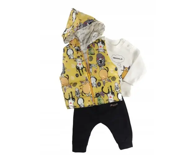 Set compleu haine copii, format din bluza, vesta si pantaloni - Model Yellow cats, marime 80