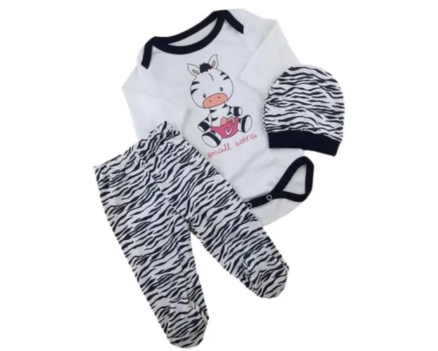 Set compleu haine copii, format din body, pantaloni si caciulita - Model Zebra, marime 62