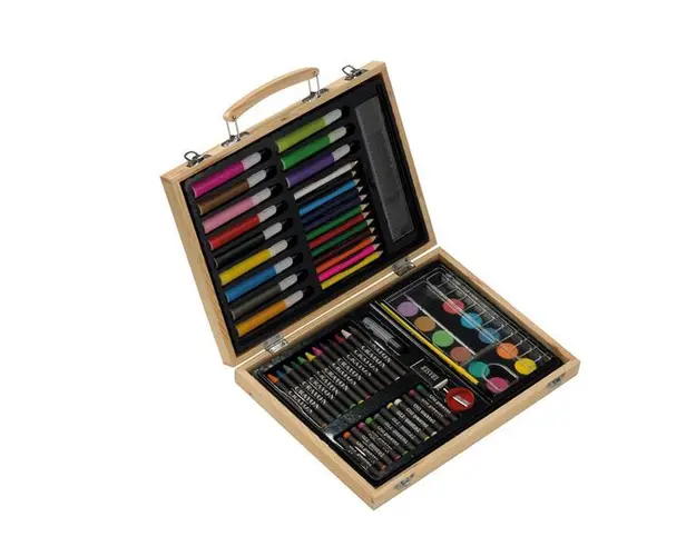 Set de desenat si pictat, 55 piese in cutie eleganta din lemn, pentru copii - Piksel