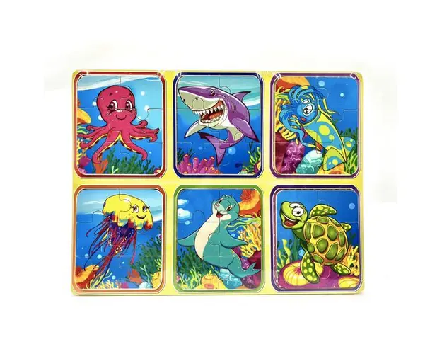 Set din lemn cu 6 puzzle incorporate - Animale marine, 7Toys