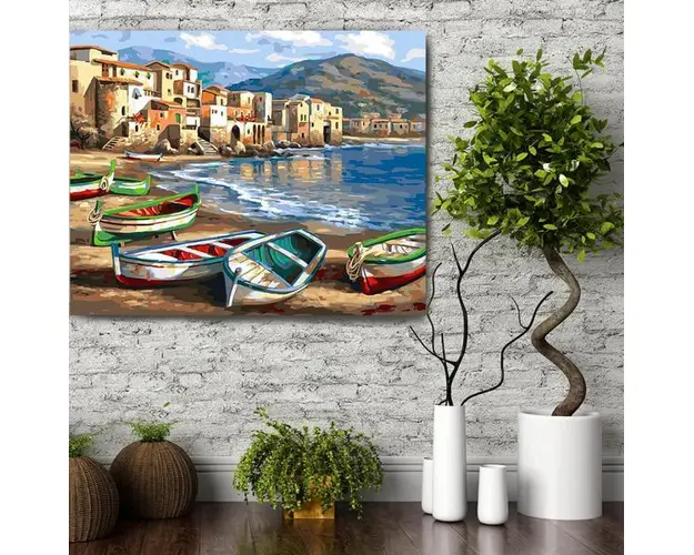 Set pictura pe numere (panza) Barci la tarm 40x50 cm