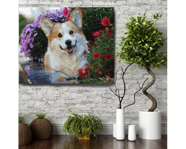 Set pictura pe numere (panza) Catel Corgi intre flori 40x50 cm