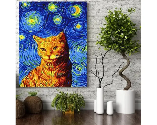 Set pictura pe numere (panza) Noapte instelata - Pisica Van Gogh 50x40 cm