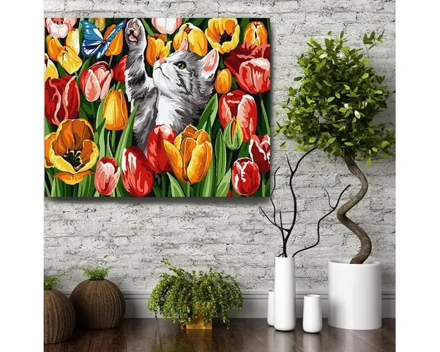 Set pictura pe numere (panza) Pisicuta in lanul cu lalele 40x50 cm