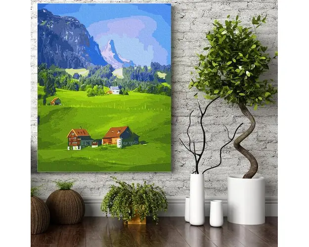Set pictura pe numere (panza) Sat in munti 50x40 cm